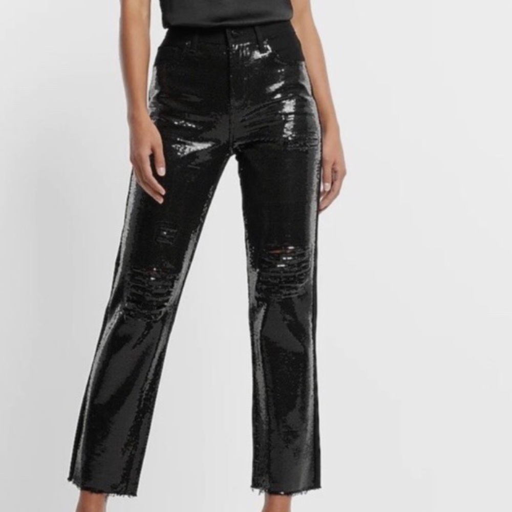 Express Black Sequin Straight Ankle High Rise Distress Jeans
